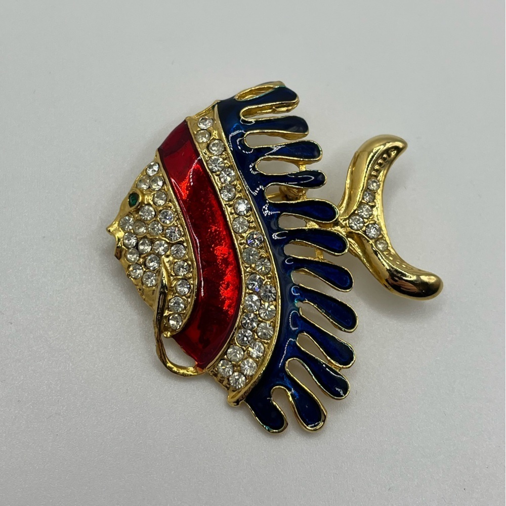 VTG GIOVANNI Red & Blue Enamelled Gold and Rhinestone Angel Fish Brooch